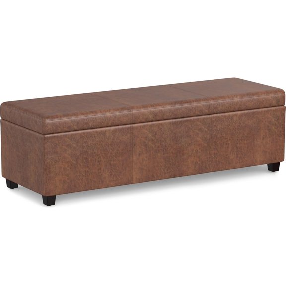 Avalon Extra Large Storage Ottoman Bench - 54 inch Wide Upholstered Vegan Leather Rectangular Lift-Top Ottoman in Distressed Saddle Brown, Contemporary Bench for Living Room with Storage
