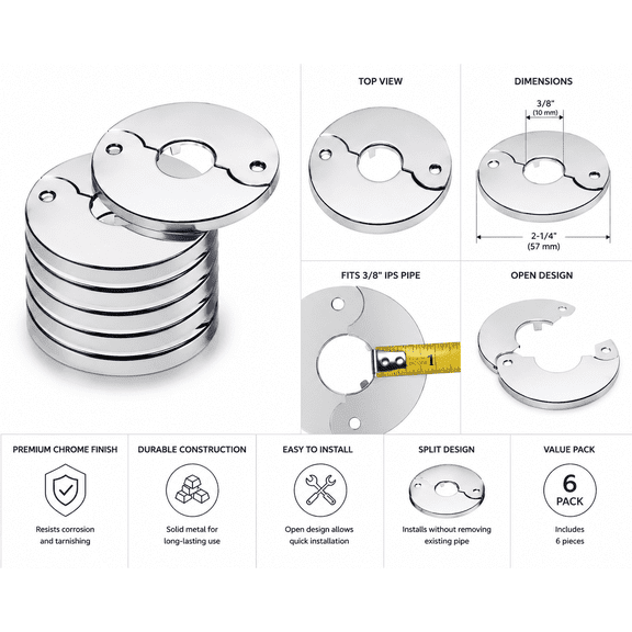 Avalon Floor and Ceiling Plate Cover Split Flange, Fits 3/4"IPS Galvanized Pipe, Chrome Finish (Pack of 6)