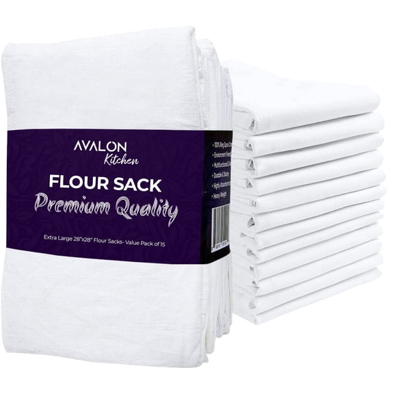 Avalon Flour Sack Towels Bulk (Value Pack of 15) White Flour Sack Dish Towels for Drying Dishes 28x28 Inches – Absorbent White Kitchen Towels for Cleaning, Durable Flour Sack for Embroidery