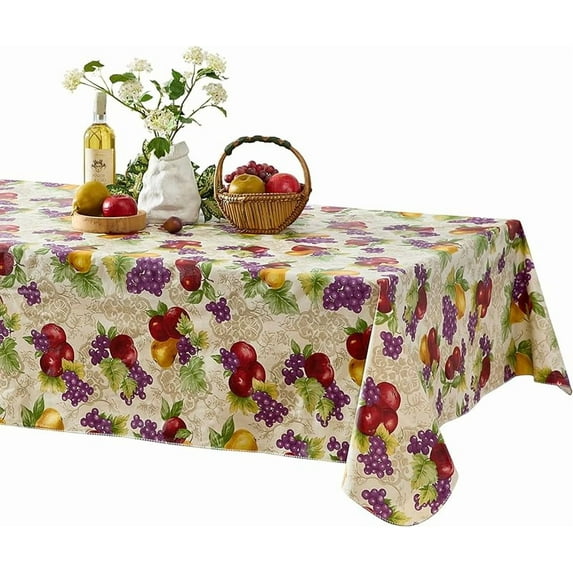 Avalon Fresh Ripe Fruit Vinyl Tablecloth with Flannel Backing - Apples, Peaches, Pear and Grape Fruit Print Flannel Backed Easy Care Vinyl Tablecloth, 52" x 52" Square