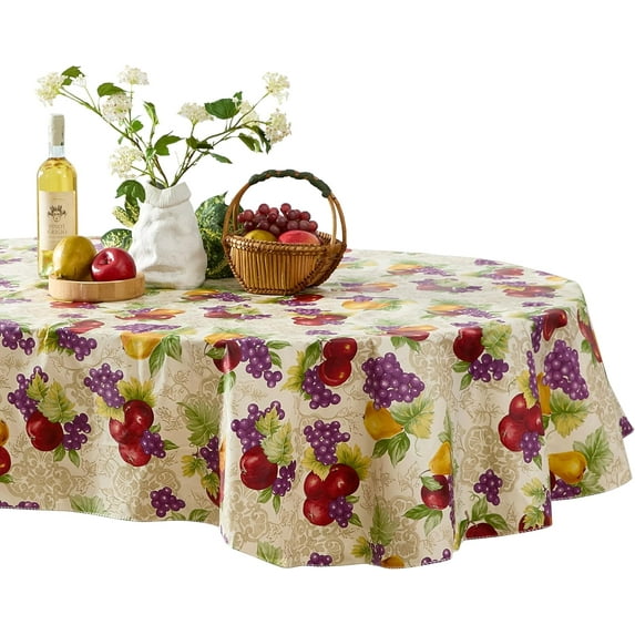 Avalon Fresh Ripe Fruit Vinyl Tablecloth with Flannel Backing - Apples, Peaches, Pear and Grape Fruit Print Flannel Backed Easy Care Vinyl Tablecloth, Oval