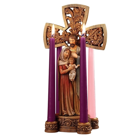 Avalon Gallery Sculpted Resin Advent/Christmas Candle Holder, 13" Tall x 5" Wide, Holy Family Cross