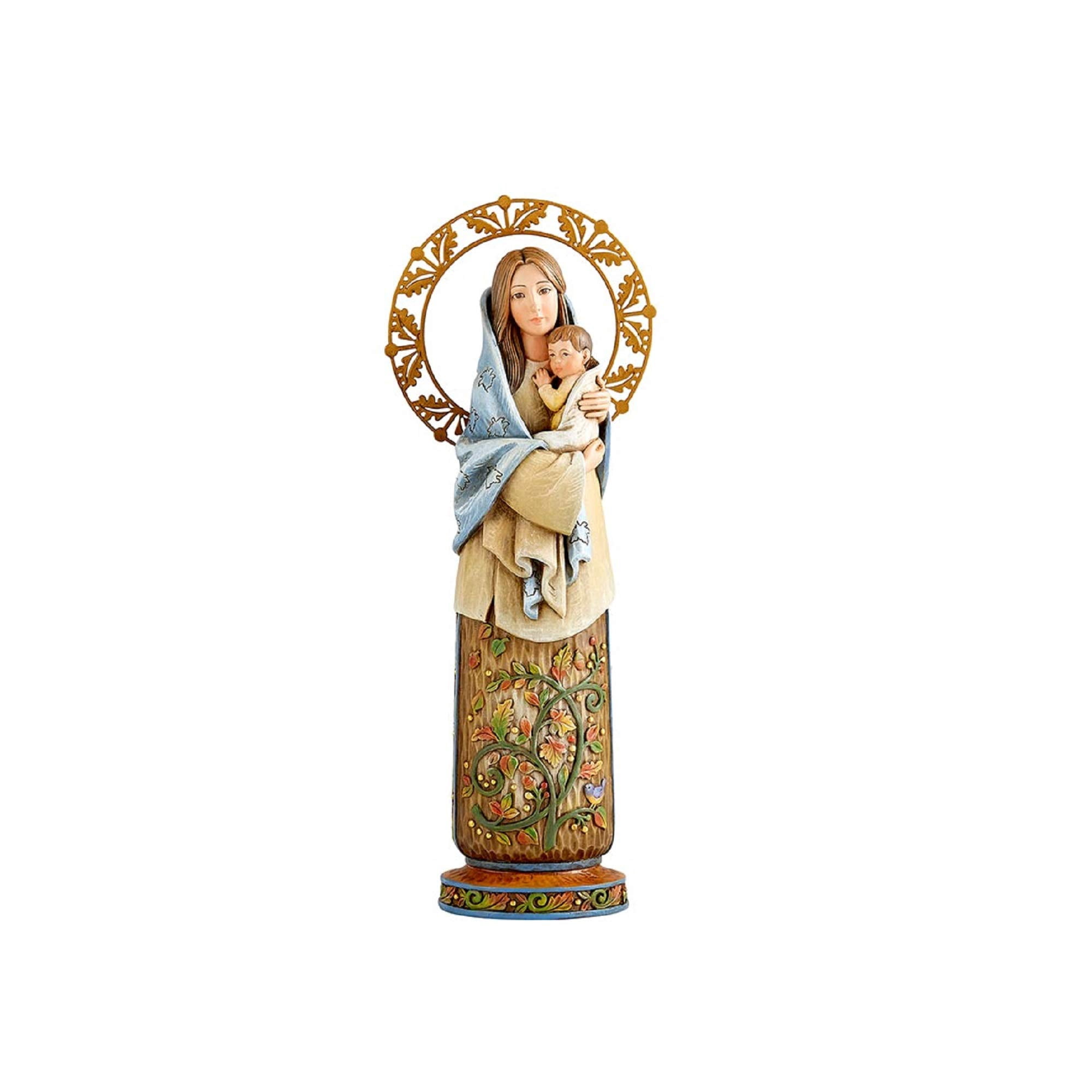 Madonna & Child Spring Figurine – 10.25" Wood-Look Resin With Floral Design & Burnished Halo