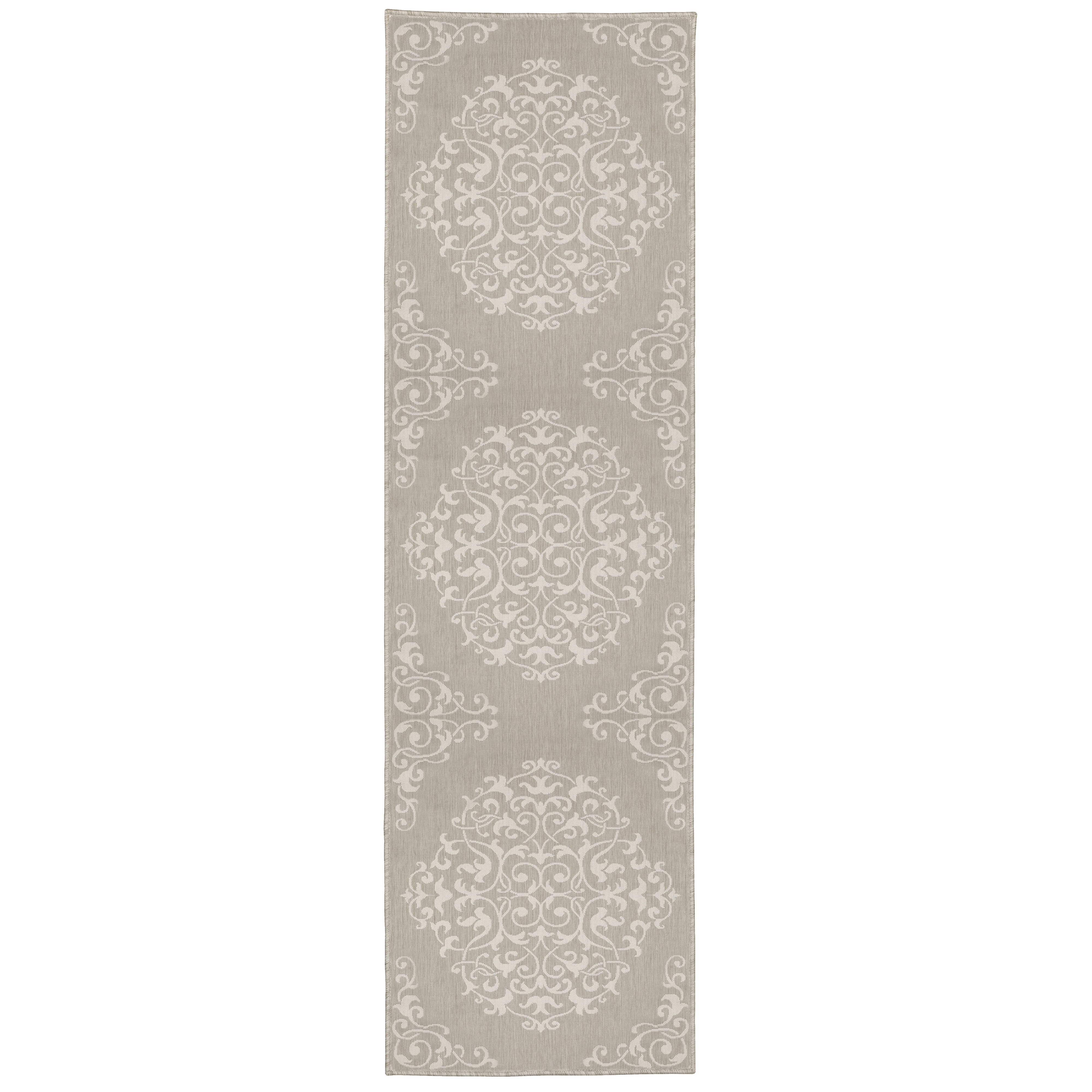 Avalon Home 2' x 7' Gray and Taupe Floral Medallion Outdoor Rug