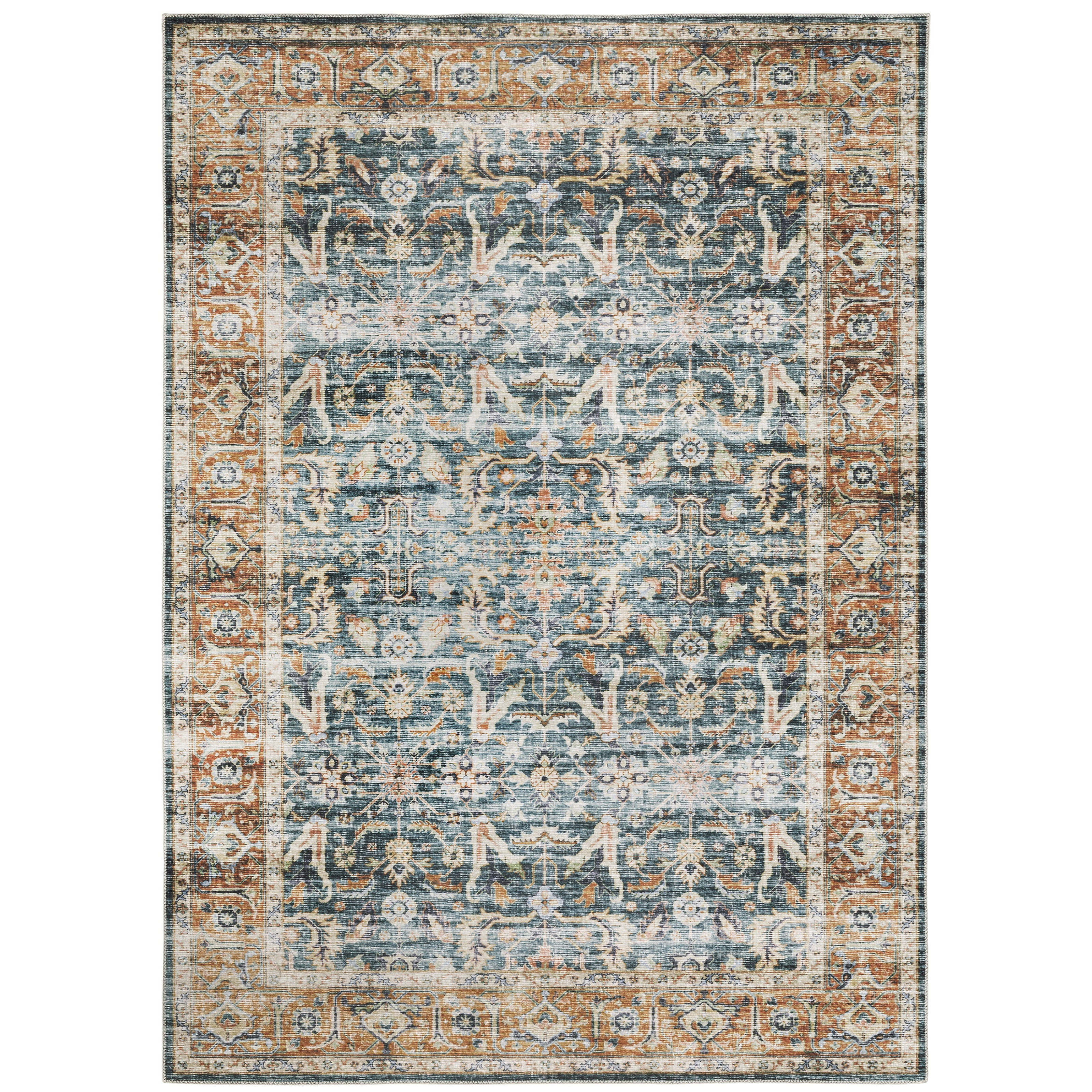 Avalon Home Celeste Washable Bordered Oriental Blue/ Rust Indoor Area Rug