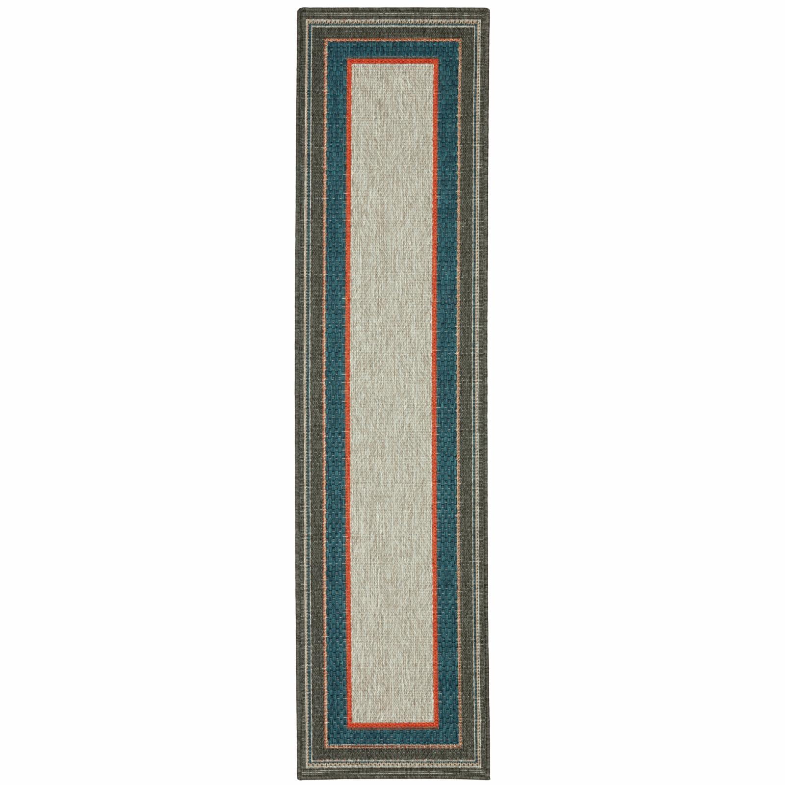 Avalon Home Lakeland Bordered Indoor/Outdoor Rug, 1'10" X 7'6" Runner, Grey/ Teal