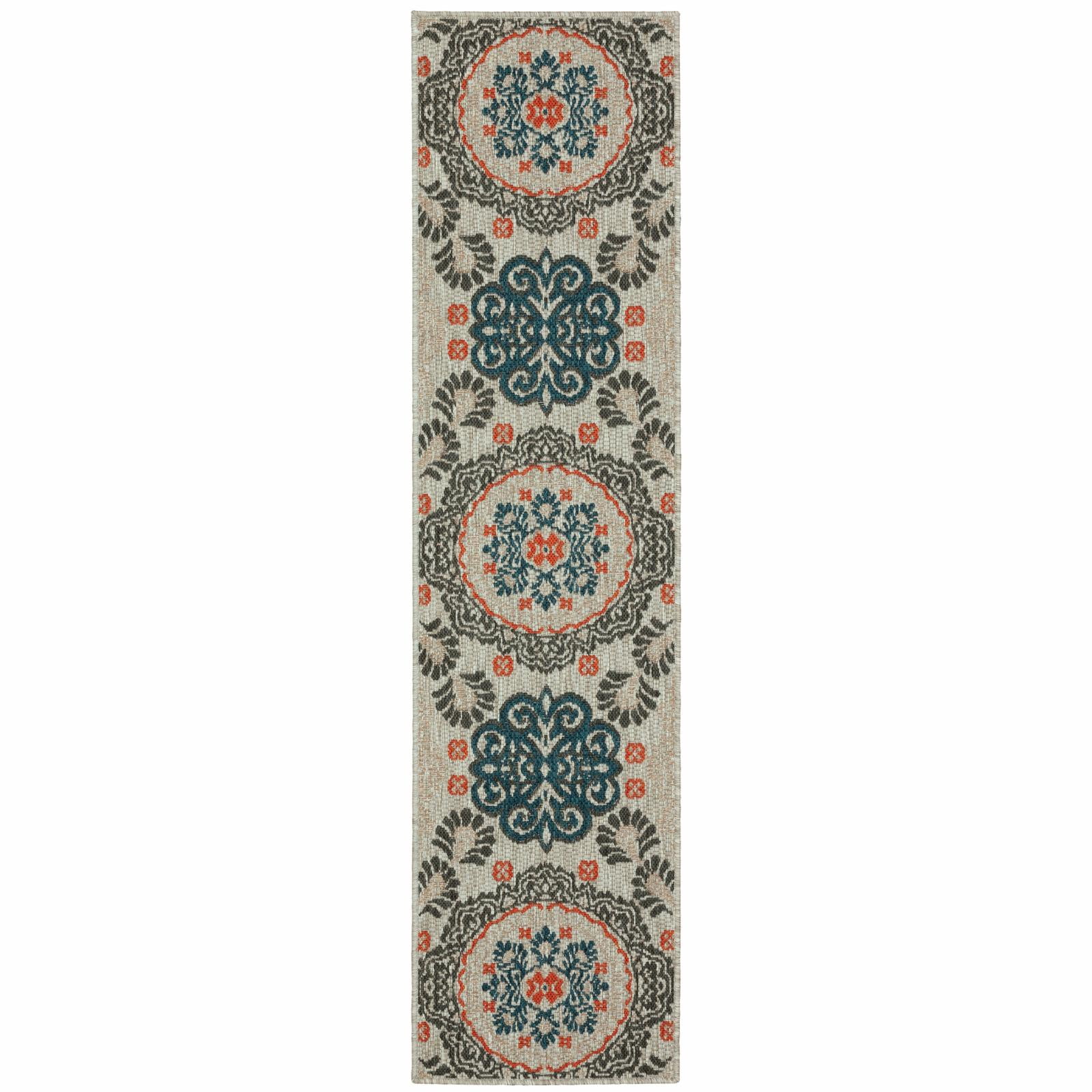 Avalon Home Lakeland Medallions Indoor/Outdoor Rug, 1'10" X 7'6" Runner, Grey/ Teal