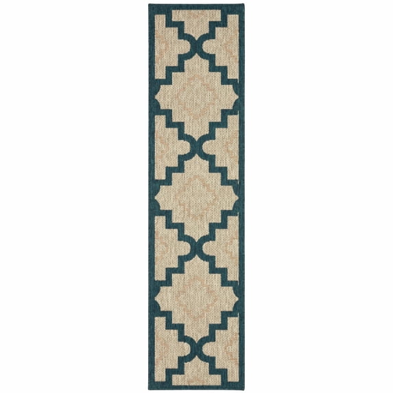 Avalon Home Lakeland Scalloped Lattice Indoor/Outdoor Rug, 1'10" X 7'6" Runner, Grey/ Teal