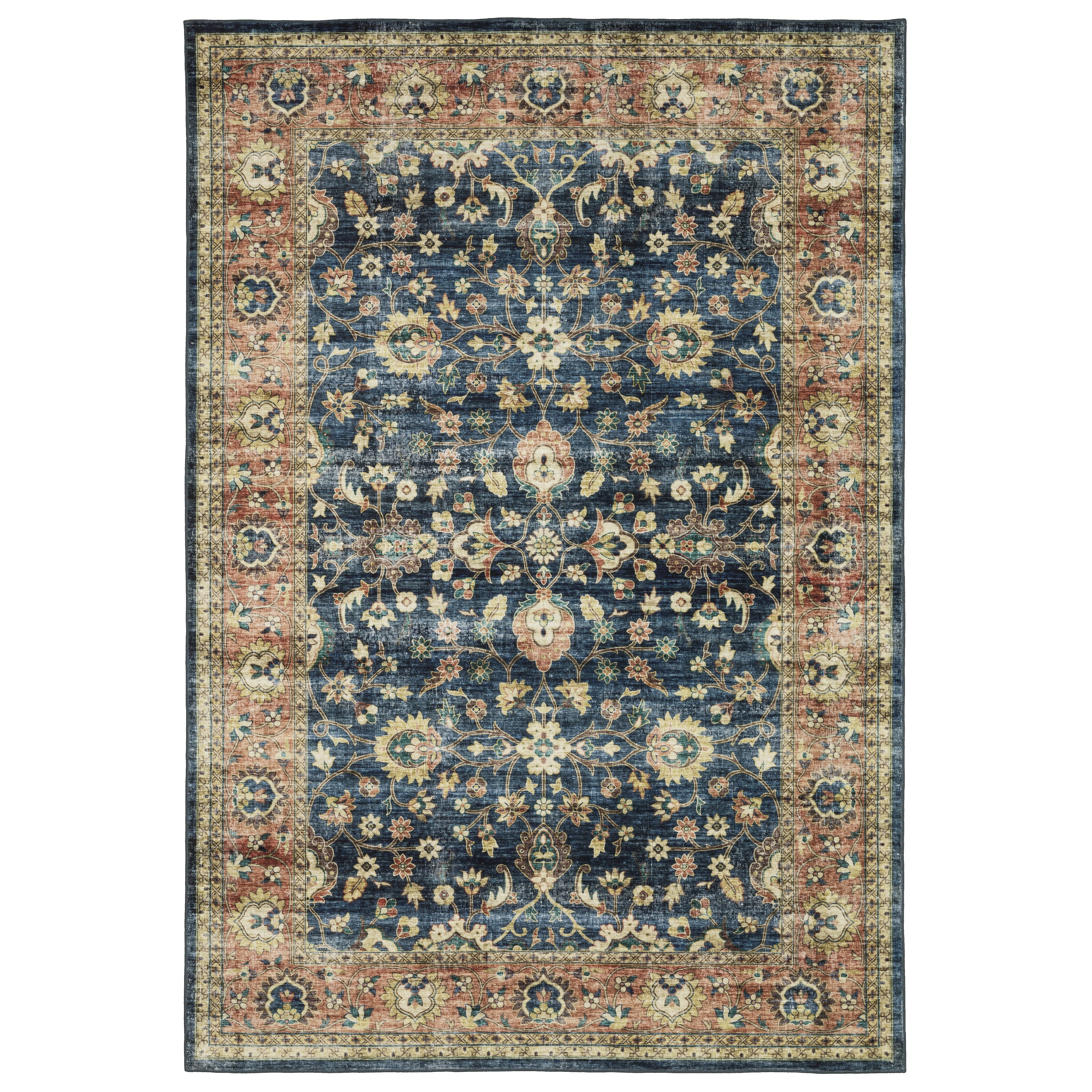 Sebastian Vintage Blue and Rust Washable 5' x 7' Area Rug