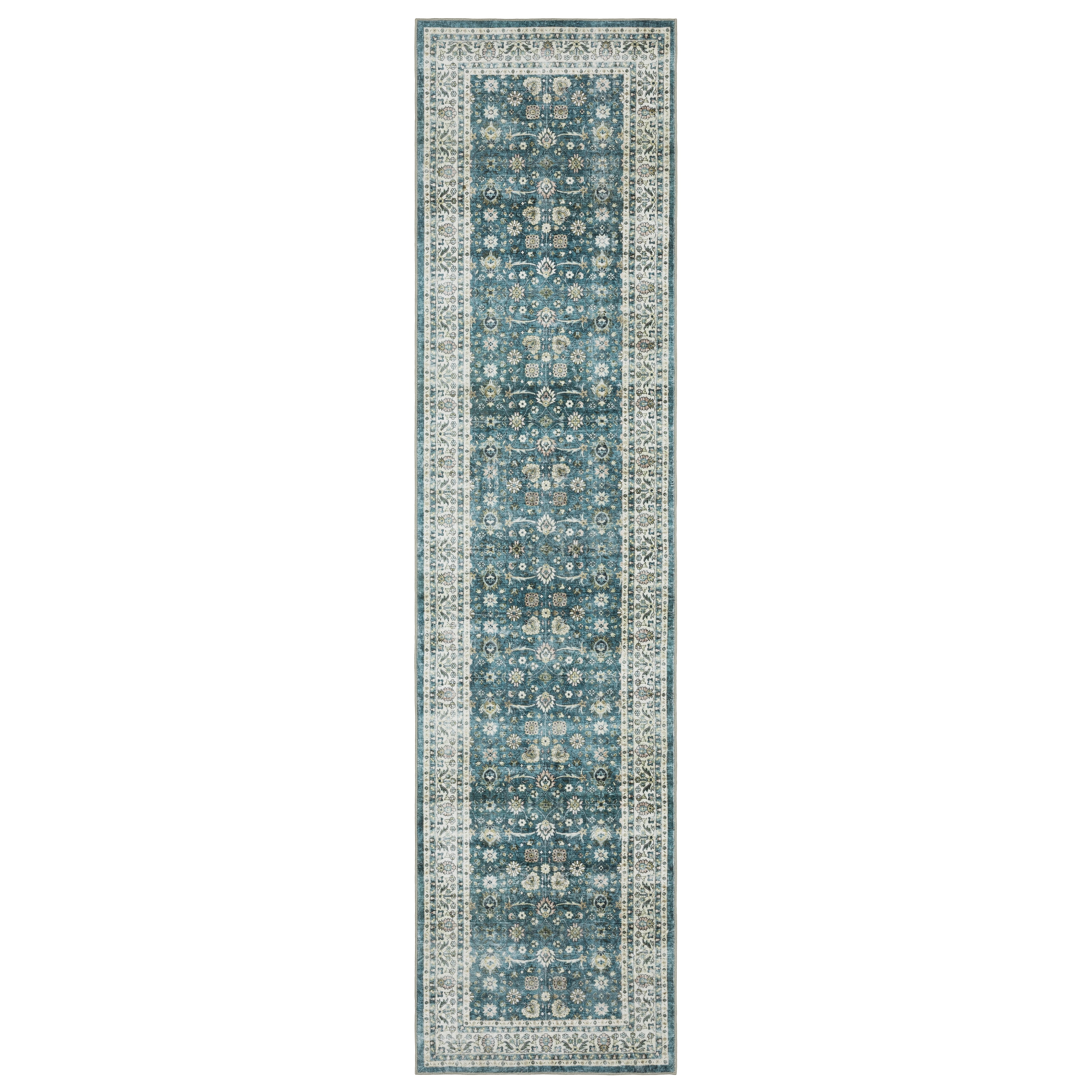 Avalon Home Sebastian Vintage Bordered Teal/ Ivory Washable Indoor Area Rug