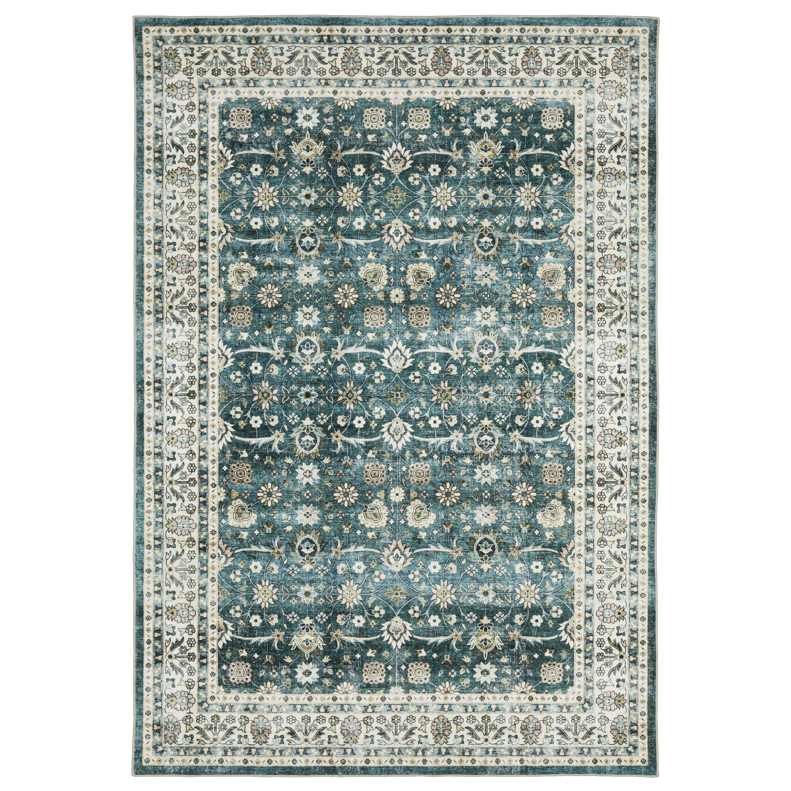 Avalon Home Sebastian Vintage Bordered Teal/ Ivory Washable Indoor Area Rug