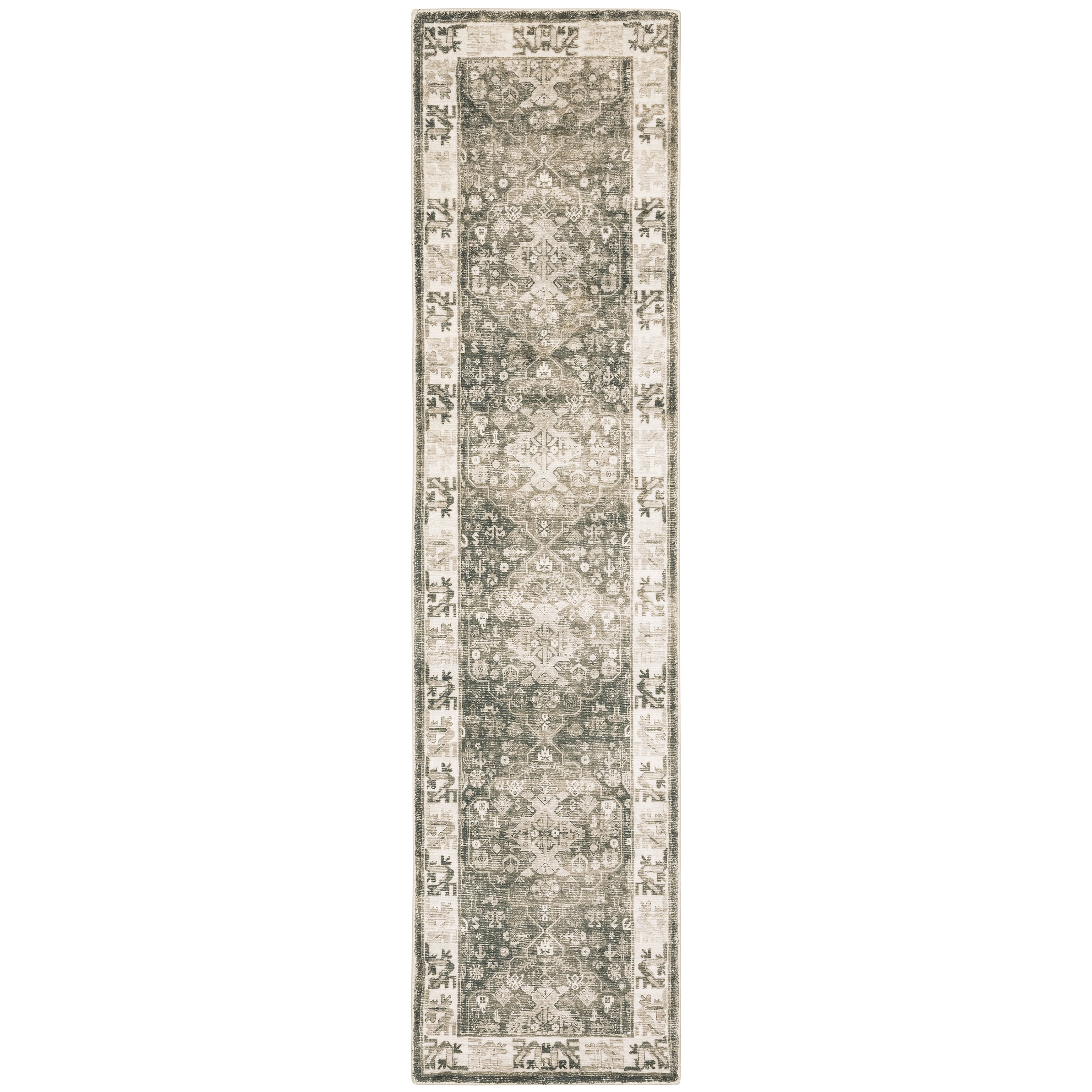Avalon Home Silvana Distressed Border Area Rug, 2' X 8' Runner, Charcoal/ Ivory