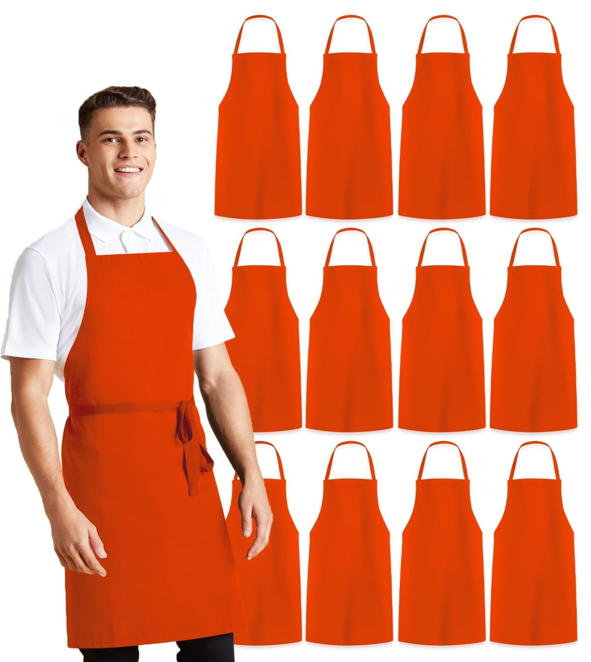 Avalon Kitchen 12-Pack Orange Aprons – Unisex Adjustable Bib for Cooking, BBQ, Painting & Restaurant