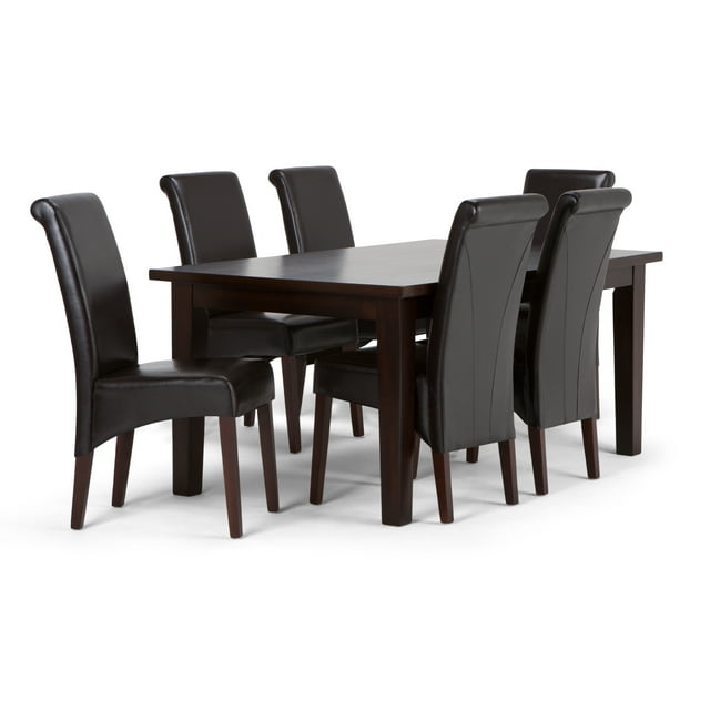 Avalon Transitional 9 Pc Dining Set with 6 Upholstered Dining Chairs in Dove Grey Linen Look Fabric and 54 inch Wide Table-Finish:Tanners Brown,Number of Items:7 Piece