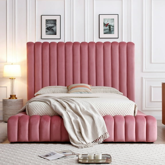 Avalon Velvet Upholstered Full Platform Bed in Pink