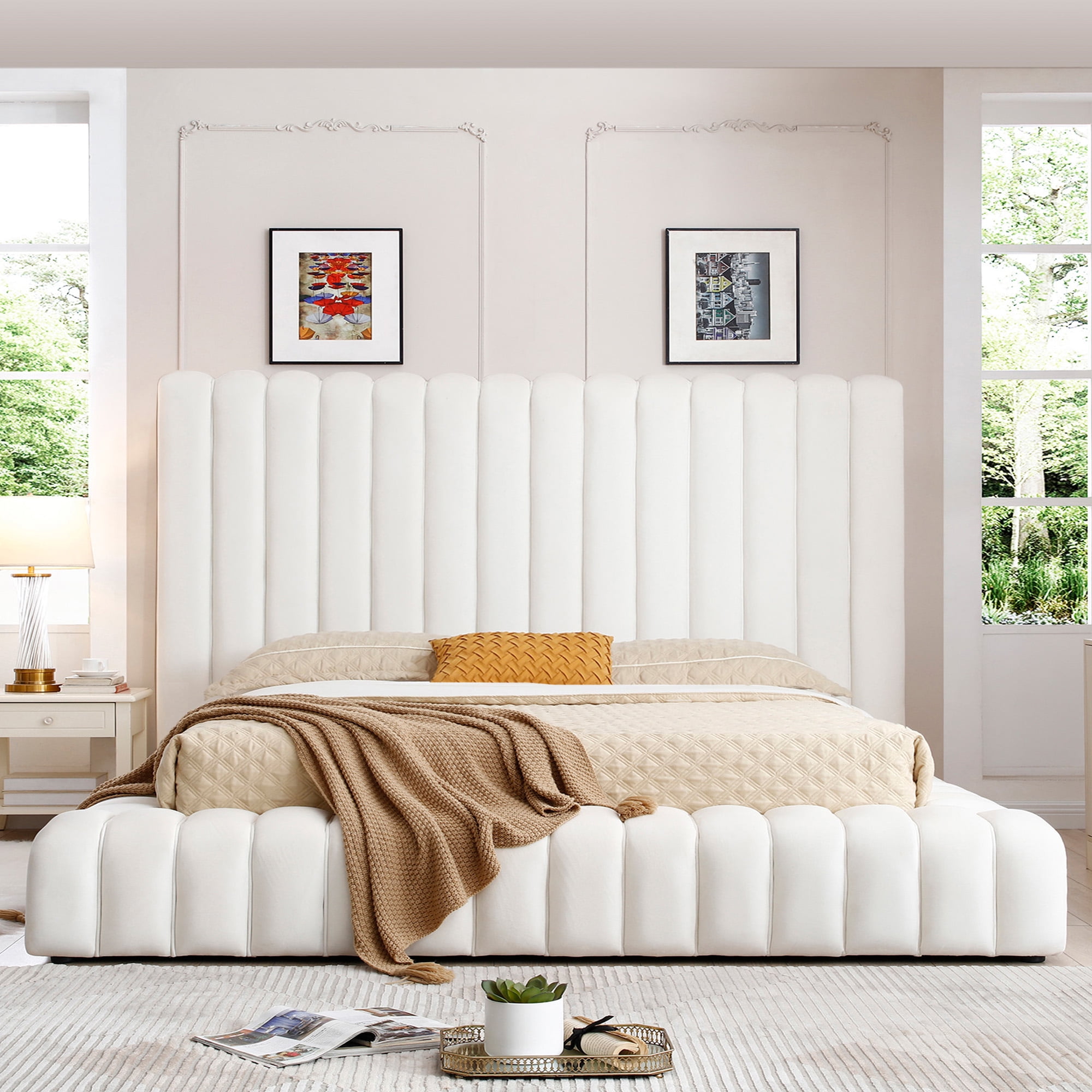 Cream Velvet Upholstered King Platform Bed with Headboard