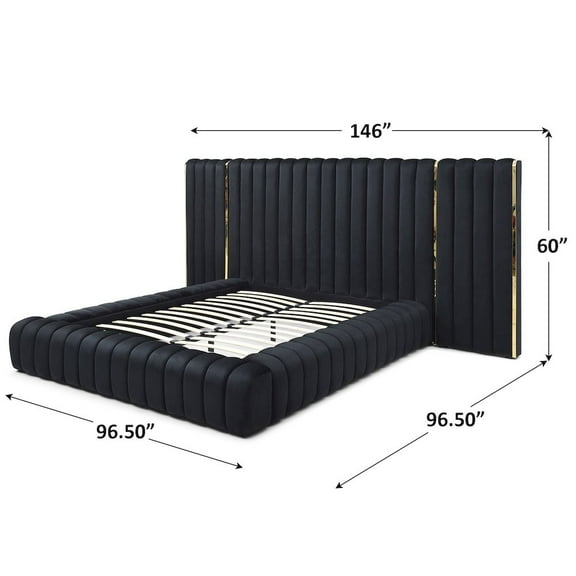 Avalon Velvet Upholstered King Platform Bed with Wings in Black
