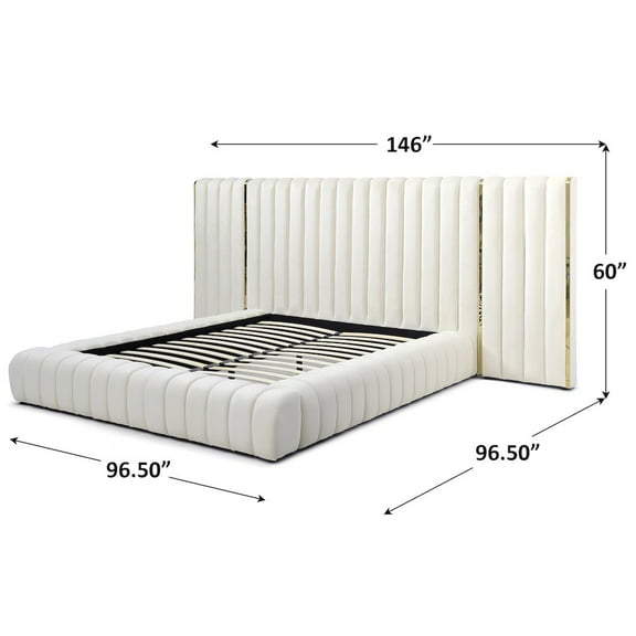 Avalon Velvet Upholstered King Platform Bed with Wings in Cream