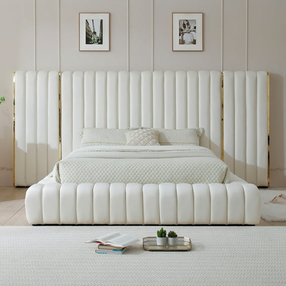 Avalon Velvet Upholstered King Platform Bed with Wings in Cream
