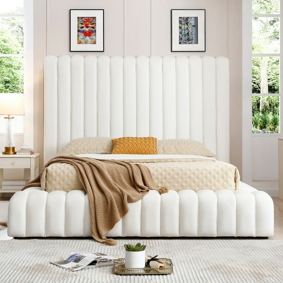 Avalon Velvet Upholstered Queen Platform Bed in Cream