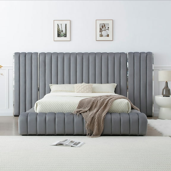 Avalon Velvet Upholstered Queen Platform Bed with Wings in Gray