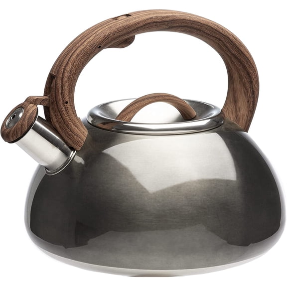 Avalon Whistling Stovetop Tea Kettle, Food Grade Stainless Steel Wide Mouth, Fast to Boil, Cool Touch Handle, 2.5-Quart, Gunmetal Grey and Wood-Look