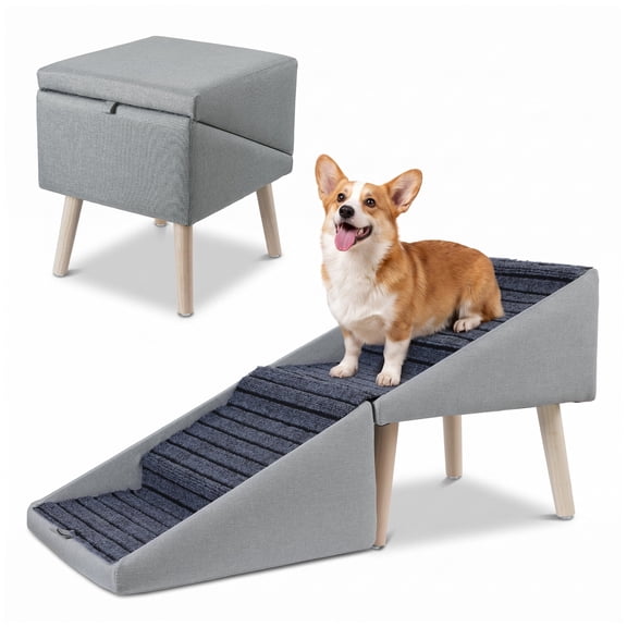 Avaloomia Home 2-in-1 Foldable Dog Stairs for Small Dogs Cats, 17" H Non-Slip Dog Ramp with Solid Wood Frame & Legs Ottoman Pet Steps for Puppy Senior Injured Pets Reach Couch Bed, Gray