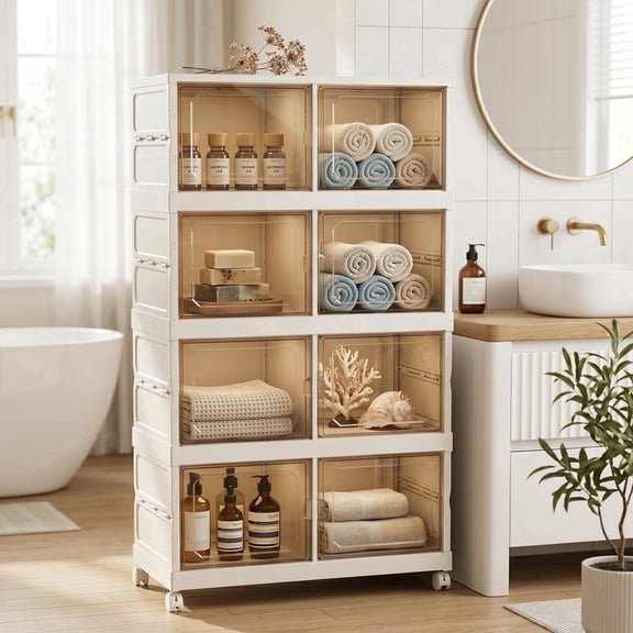 Avaloomia Home 328QT Storage Bins with Lids and Wheels, 4 Tier Plastic Collapsible Storage Cabinets with Magnetic Doors Closet Organizer and Storage for Bathroom Kitchen Living Room, White
