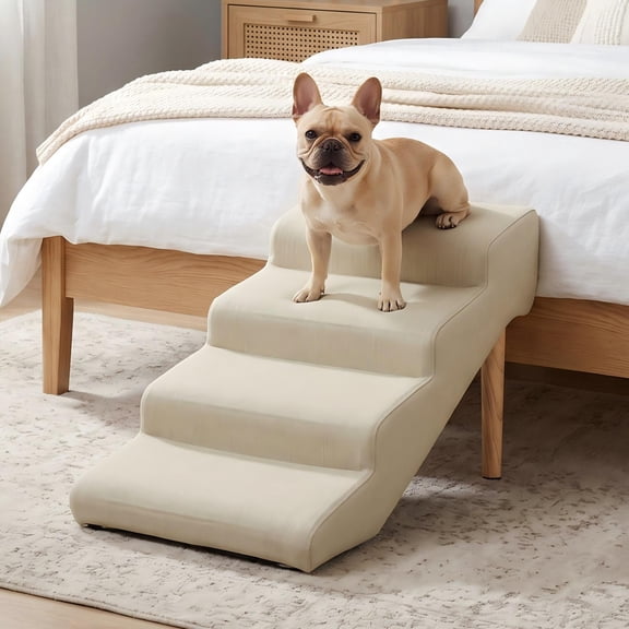Avaloomia Home 4-Step 18" Dog Stairs for Small Dogs Cats, Non‑Slip Solid Wooden Frame & Legs, Leather Easy Clean, Pet Steps for High Bed Couch, Beige