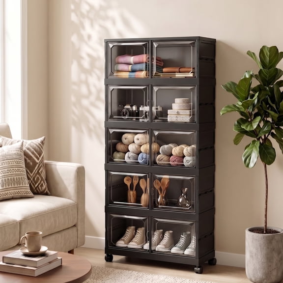 Avaloomia Home 5 Tier Storage Bins with Lids and Wheels, 410QT Plastic Collapsible Storage Cabinets with Magnetic Doors Closet Organizer, Black