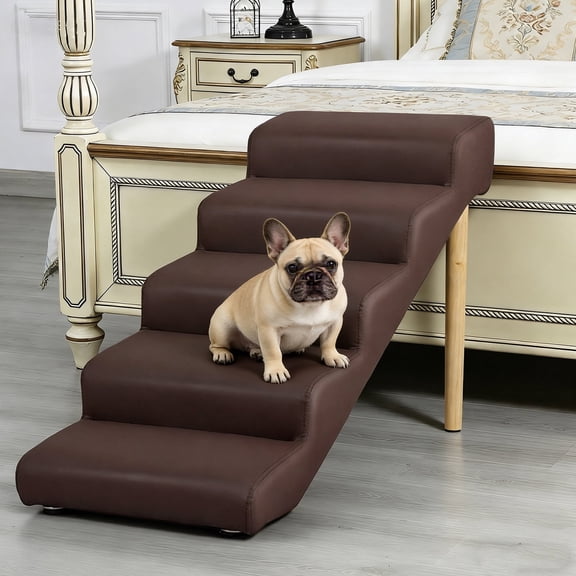 Avaloomia Home 23.6" Dog Stairs Ramp for High Bed, Non-Slip Waterproof 5-Step Pet Steps for Small Dogs and Cats, Brown
