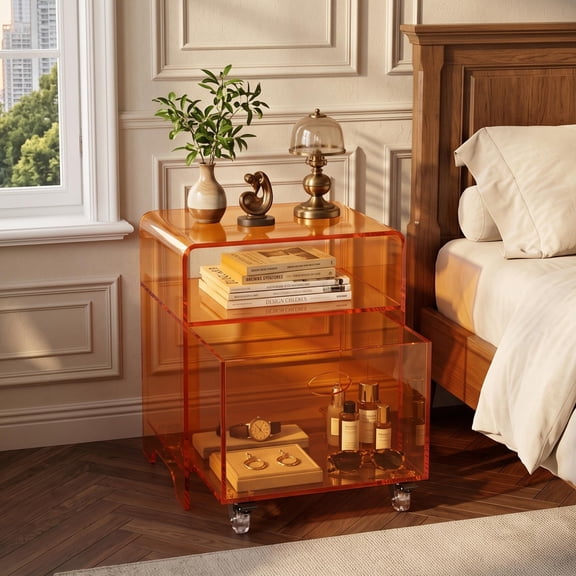 Avaloomia Home Acrylic End Table with Rolling Drawer, 3 Tiers Clear Bedside Table with Storage Shelf, No Assembly Modern Couch Side Drink Table for Living Room Bedroom Bathroom, Orange