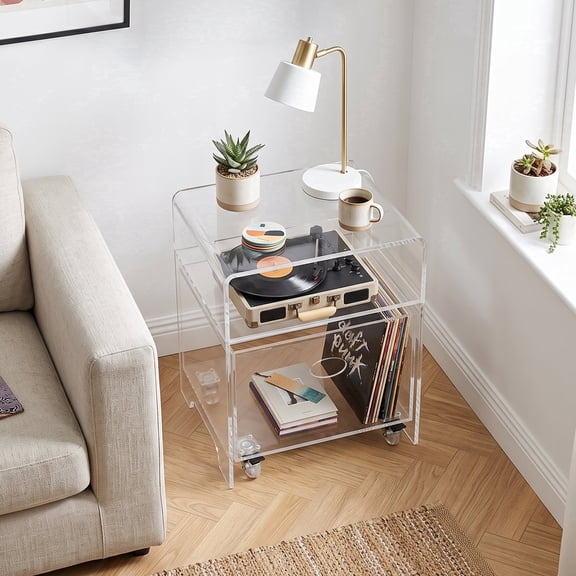 Avaloomia Home Acrylic End Table with Rolling Drawer, Clear Sofa Bedside Table Coffee Drink Table for Living Room Bedroom No Assembly