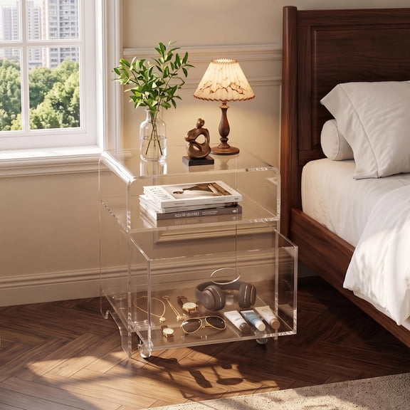 Avaloomia Home Acrylic End Table with Rolling Drawer, Clear Sofa Bedside Table Coffee Drink Table for Living Room Bedroom No Assembly
