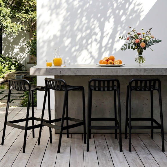 Avaloomia Home Outdoor Bar Stools Set of 4, 29.5" Plastic Bar Stools with Back, UV Weather Resistant Anti-Slip Outside Patio Bar Stools for Kitchen Island Garden Balcony, Black
