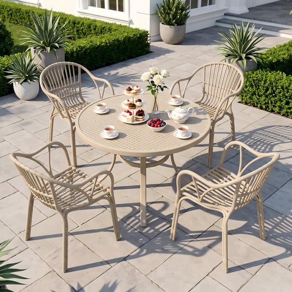 Avaloomia Home Outdoor Dining Chairs Set of 4, All Weather Stackable Plastic Patio Chairs with Armrest & Anti-Slip for Garden Porch Deck Kitchen No Assembly, Camel