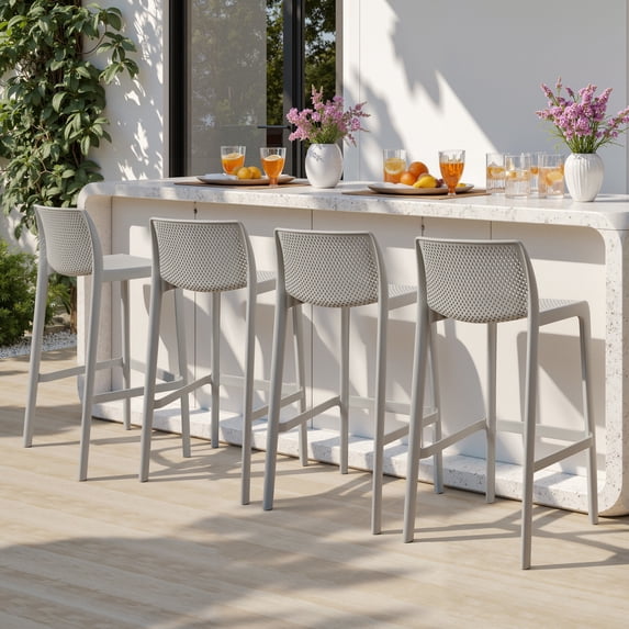 Avaloomia Home Outdoor Bar Stools Set of 4, 29.5" Plastic Bar Stools with Back No Assembly Stackable Counter Barstool for Kitchen Patio Backyard, Light Gray