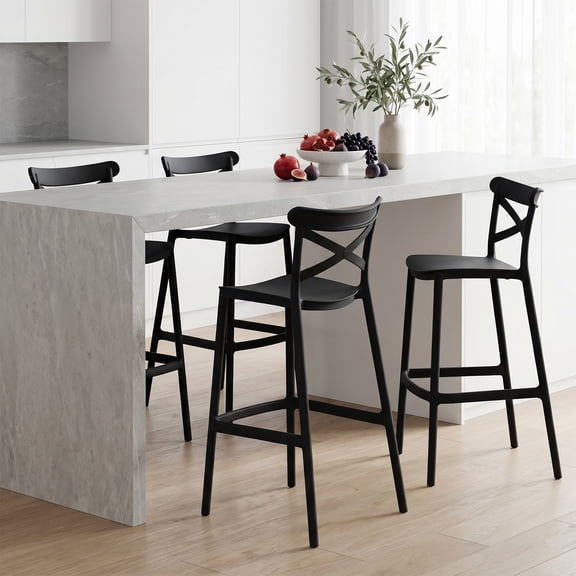 Avaloomia Home Outdoor Bar Stools Set of 4, 29.5" Plastic Bar Stools with Back No Assembly Stackable Counter Barstool for Kitchen Patio Backyard, Black