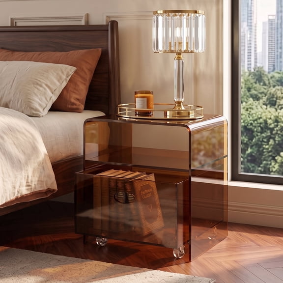 Avaloomia Home Acrylic End Table with Rolling Drawer, Clear Sofa Bedside Table Coffee Drink Table for Living Room Bedroom No Assembly, Brown