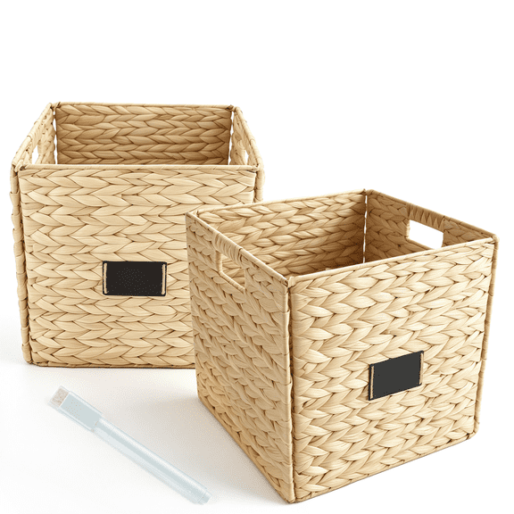 Avalution 2 Pack Water Hyacinth Storage Baskets 11.2 x 11.2 x 11.2 inch, Foldable Handwoven Wicker Bins for Shelves, Living Room, Bedroom