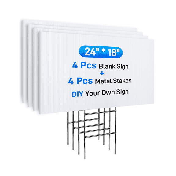 Avalution 4 Pack Blank Yard Signs with H-Stakes, 24 x 18 inches Double-Sided White Corrugated Plastic Sale Signs for Parties, Garage Sales, Garden