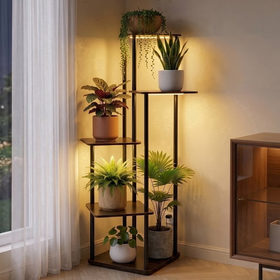 Avalution 5 Tier Corner Plant Stands for Indoors with Grow Lights Height 42 inch, Metal Brown Plant Shelf for Display Flowers Vases Cacti Herbs