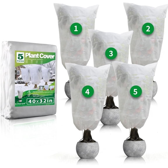 Avalution Plant Covers Freeze Protection, 5 Packs Frost Cloths for Outdoor Plants, 32" X40" Reusable Frost Blankets, 2.2oz Tree Cover Freeze Protection Drawstring Bags for Potted Shrub