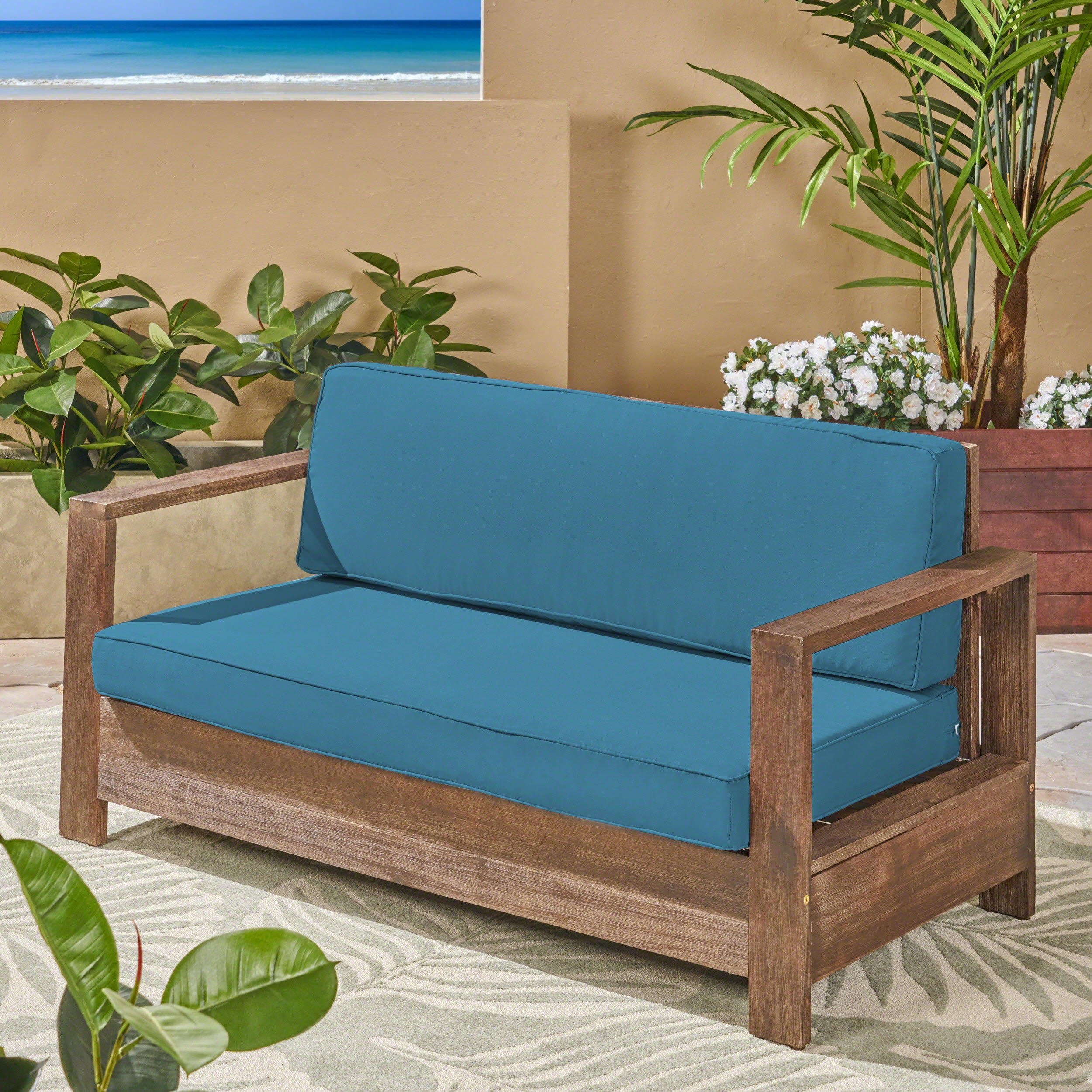 Avalynn Outdoor Acacia Wood Loveseat with Cushions, Brushed Brown, Dark