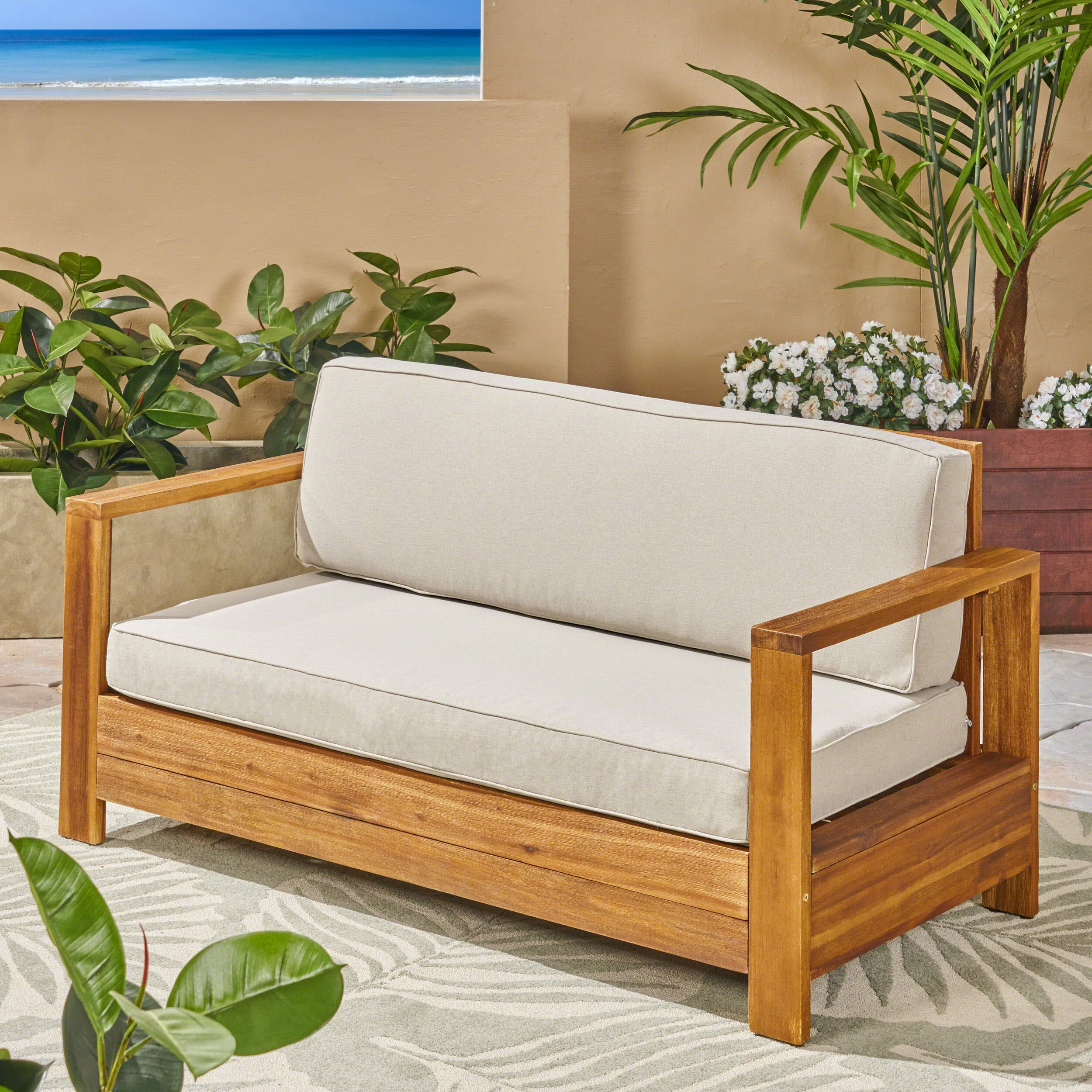 Avalynn Outdoor Acacia Wood Loveseat with Cushions, Brushed Brown
