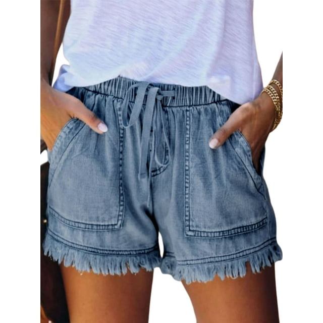Avamo Beach Casual Hot Shorts For Women Denim Shorts Summer Casual Low Waisted Frayed Raw Hem Ripped Denim Jean Shorts