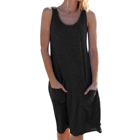 Avamo Casual Loose Tank Dresses for Women Sleeveless Beach Vacation Dress with Pockets Swing Pleated U Neck Fashion Dress