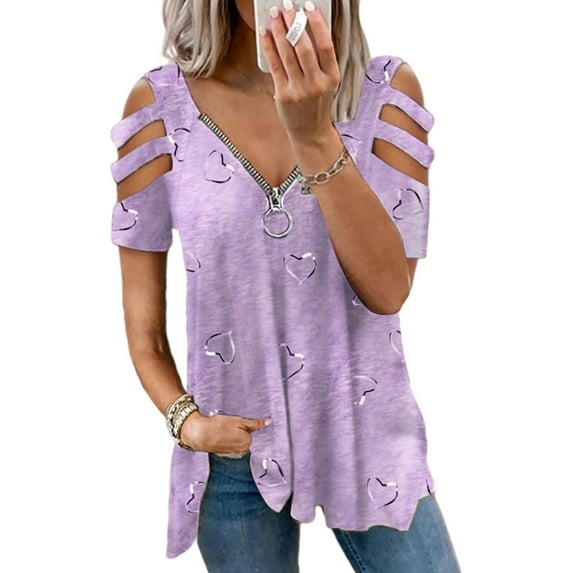 Avamo Ladies Loose Short Sleeve Tops Hollow Out Fashion Pullover Cold Shoulder Summer Tee