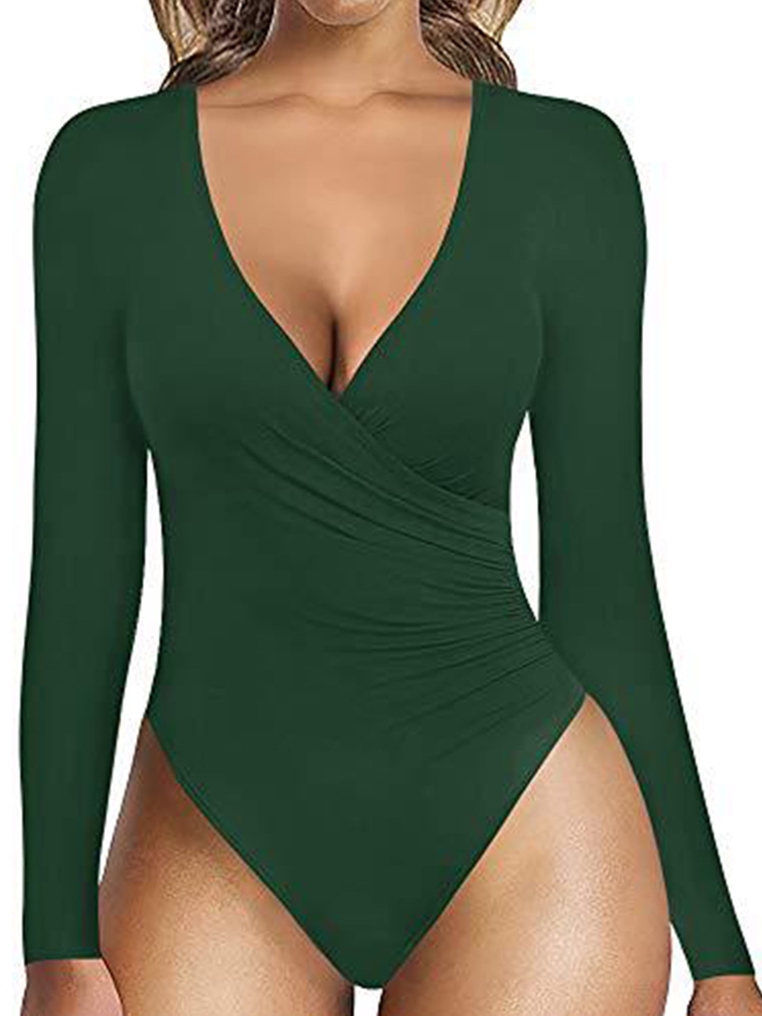 Avamo Ladies One Piece Tops Bodysuits V Neck Plain Leotard Women Long  Sleeve Party Bodysuit Green 2XL 