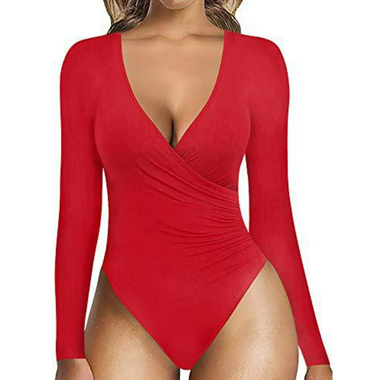 Avamo Ladies One Piece Tops Bodysuits V Neck Plain Leotard Women Long  Sleeve Party Bodysuit Red 3XL